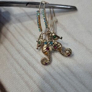 Elegant Seahorse Gold Tone Earrings with Multicolor Accents